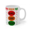 Virtue Signaling Traits mug 11oz with smugness judgement and condescension in its own colored traffic light