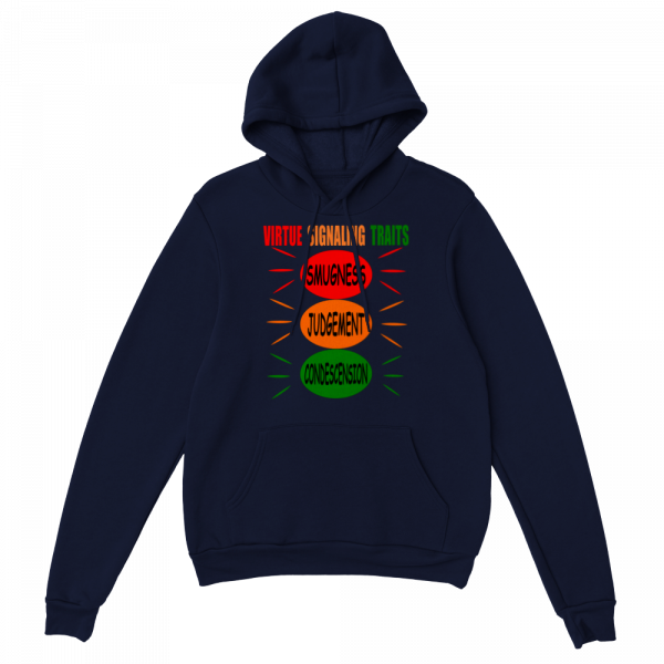 virtue signaling traits unisex hoodie with 3 traffic lights indicating smugness judgement and condescension